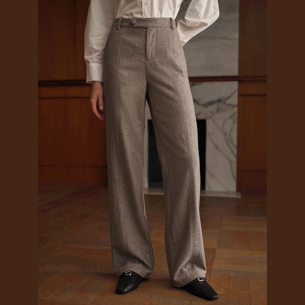 Gray Herringbone Wool Straight Leg Trousers with Tab Waist